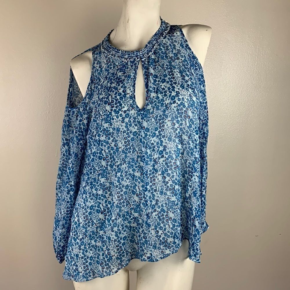 derek lam 10 crosby floral cold shoulder blouse top  12 sheer silk blue keyhole